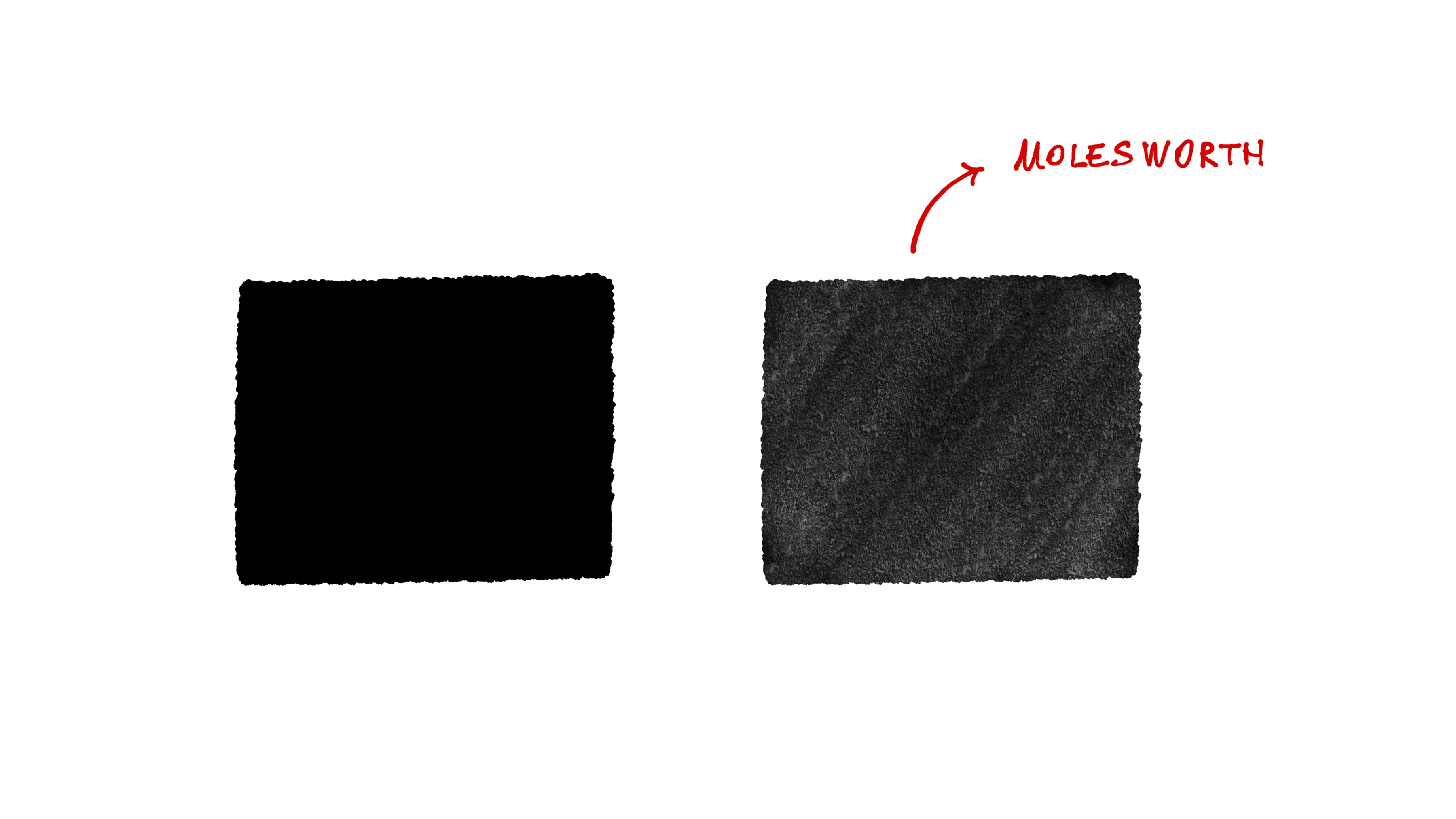 A solid ink block before and after applying the textured eraser brush